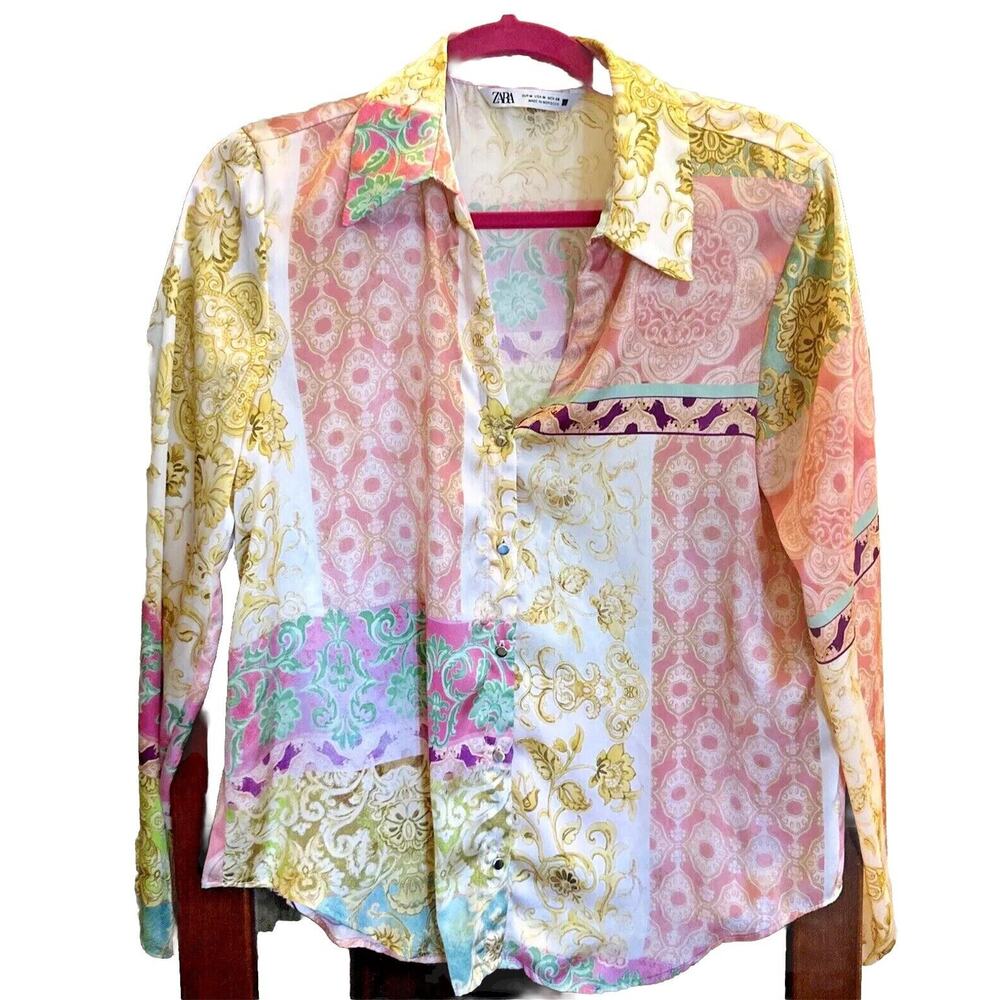 SOLDZara‎ Women's Boho Blouse Top Multicolor Pink Silky Long Sleeve Button M